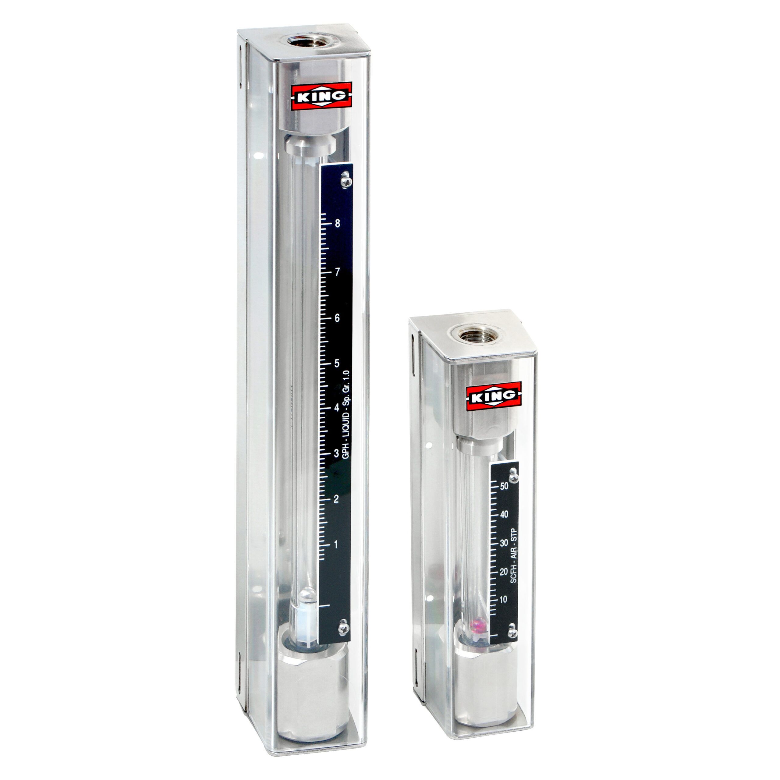 Två flödesmätare i akryl, en vertikal och en horisontell, med klara rör och svarta markörer.