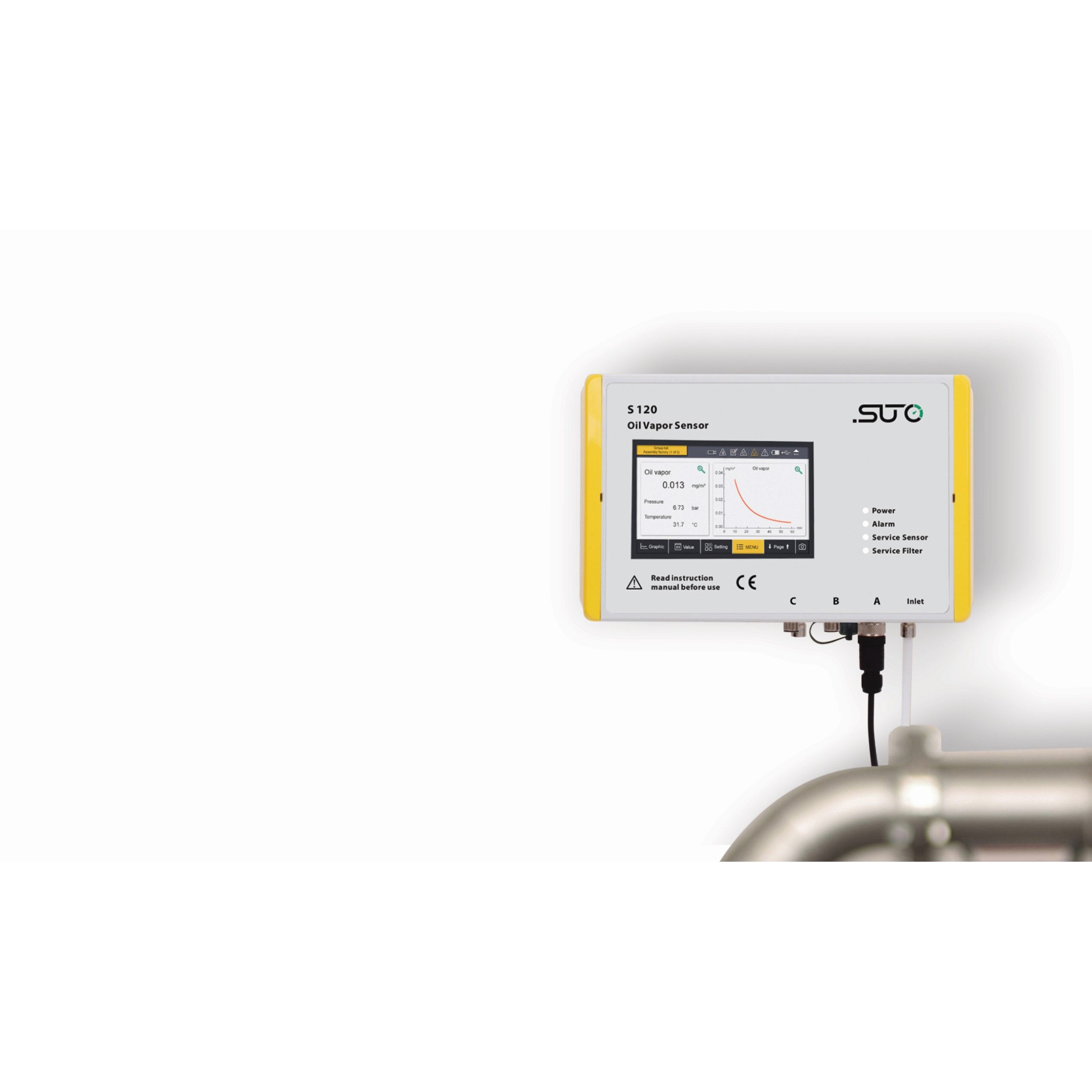 En SUTO S120 som visar grafer och data, monterad på en vägg ovanför en rostfri diskho.