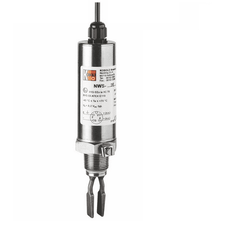 Industriell sensor Kobold NWS med cylindrisk kropp och gaffelände, monterad vertikalt med kabel som sträcker sig uppifrån.