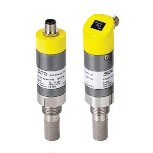 To SUTO S211 industrielle trykksensorer med metallhus og gule etiketter, vist side om side på hvit bakgrunn.