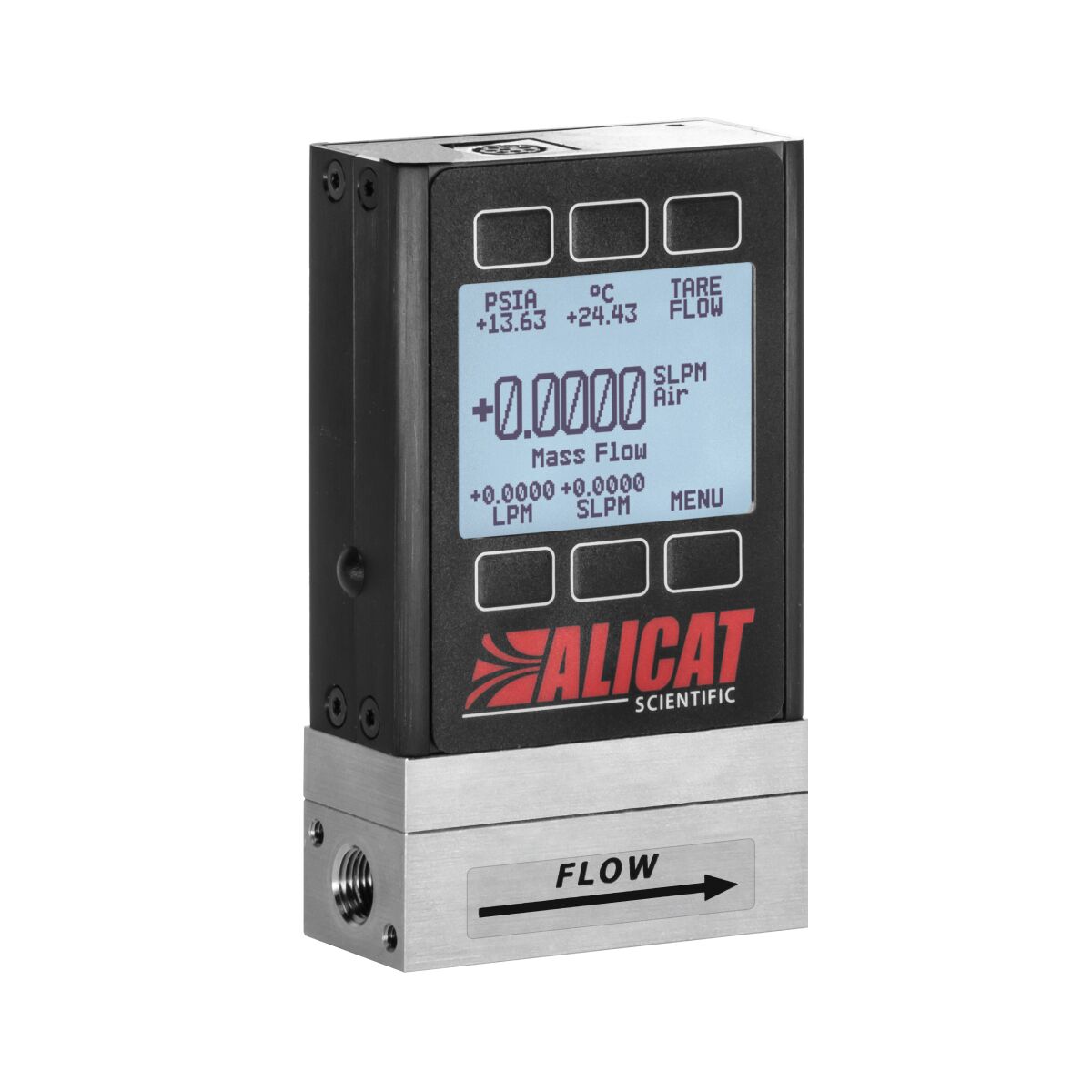 Digital massestrømningsmåler fra alicat scientific, med et display som viser strømningsdata og en "flow"-etikett, plassert i en kompakt metallkasse.