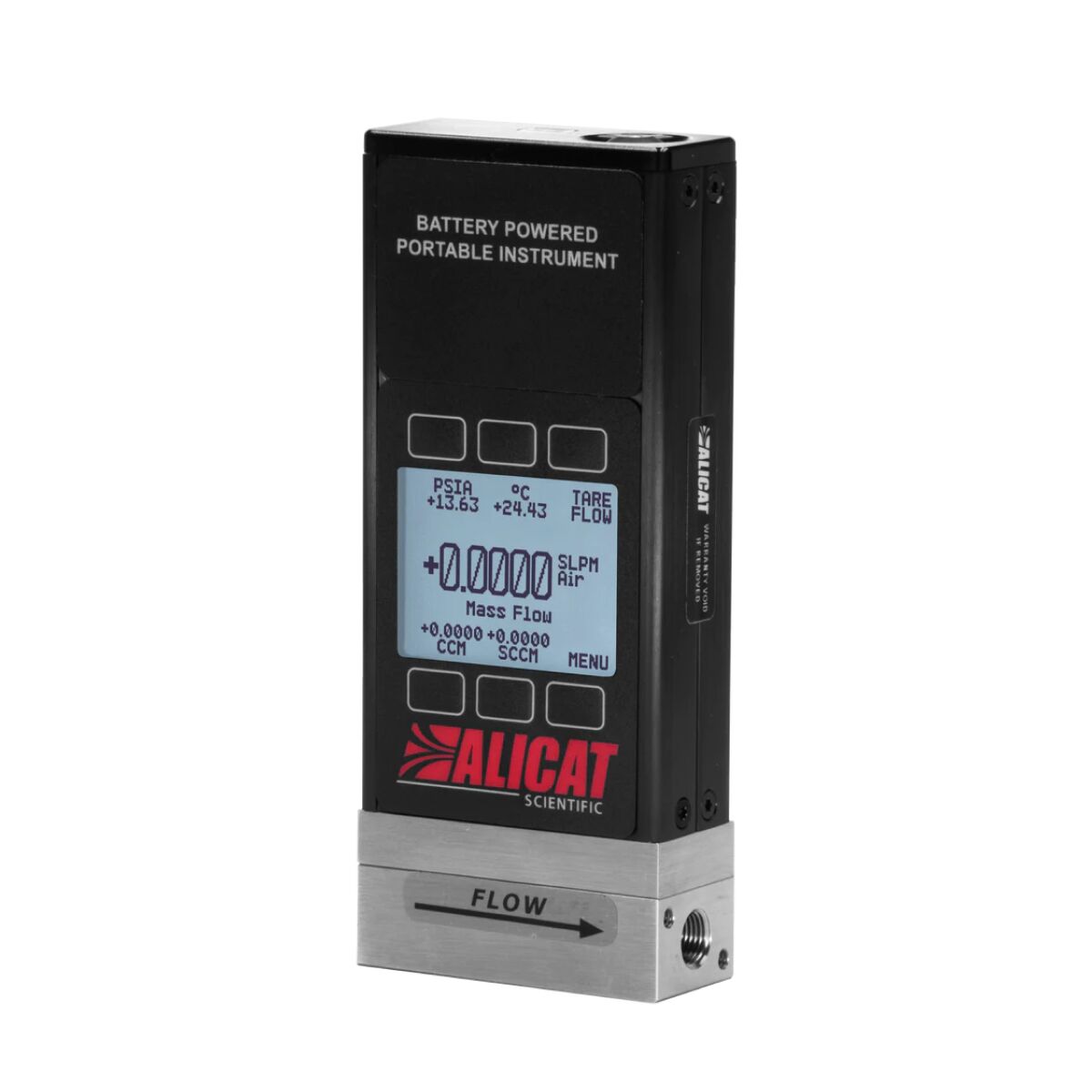 Alicat vetenskapliga bärbara flödesmätare med digital display, som visar avläsningar och kontrollknappar, på en vit bakgrund.