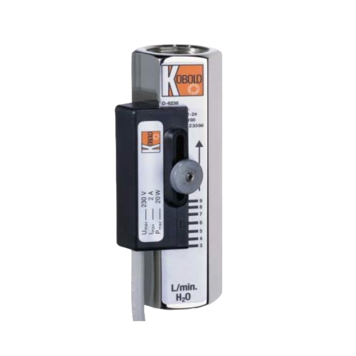 En kobold flödesmätare med svart strömbrytare och en skala som anger liter per minut och vattennivå.