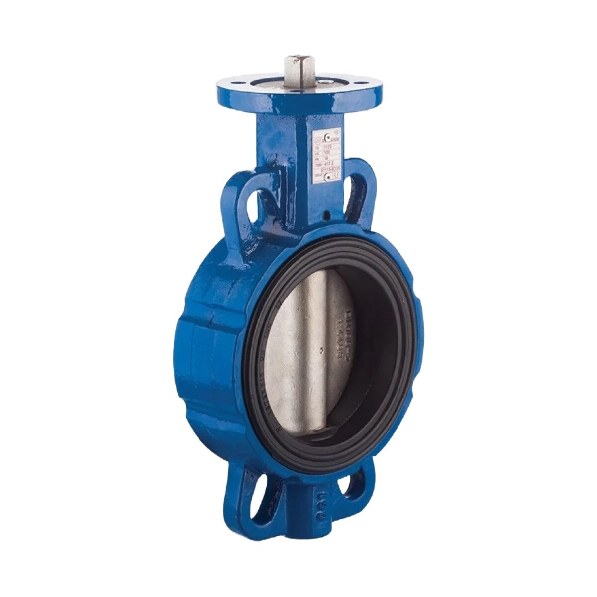 Blå industrispjeldventil med synlig metallskive på innsiden, montert på hvit bakgrunn.