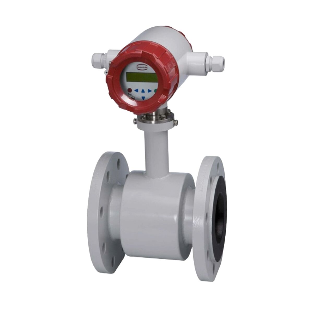 Industriell flödesmätare med en röd och vit elektronisk mätare och flänsanslutningar, isolerad på en vit bakgrund.