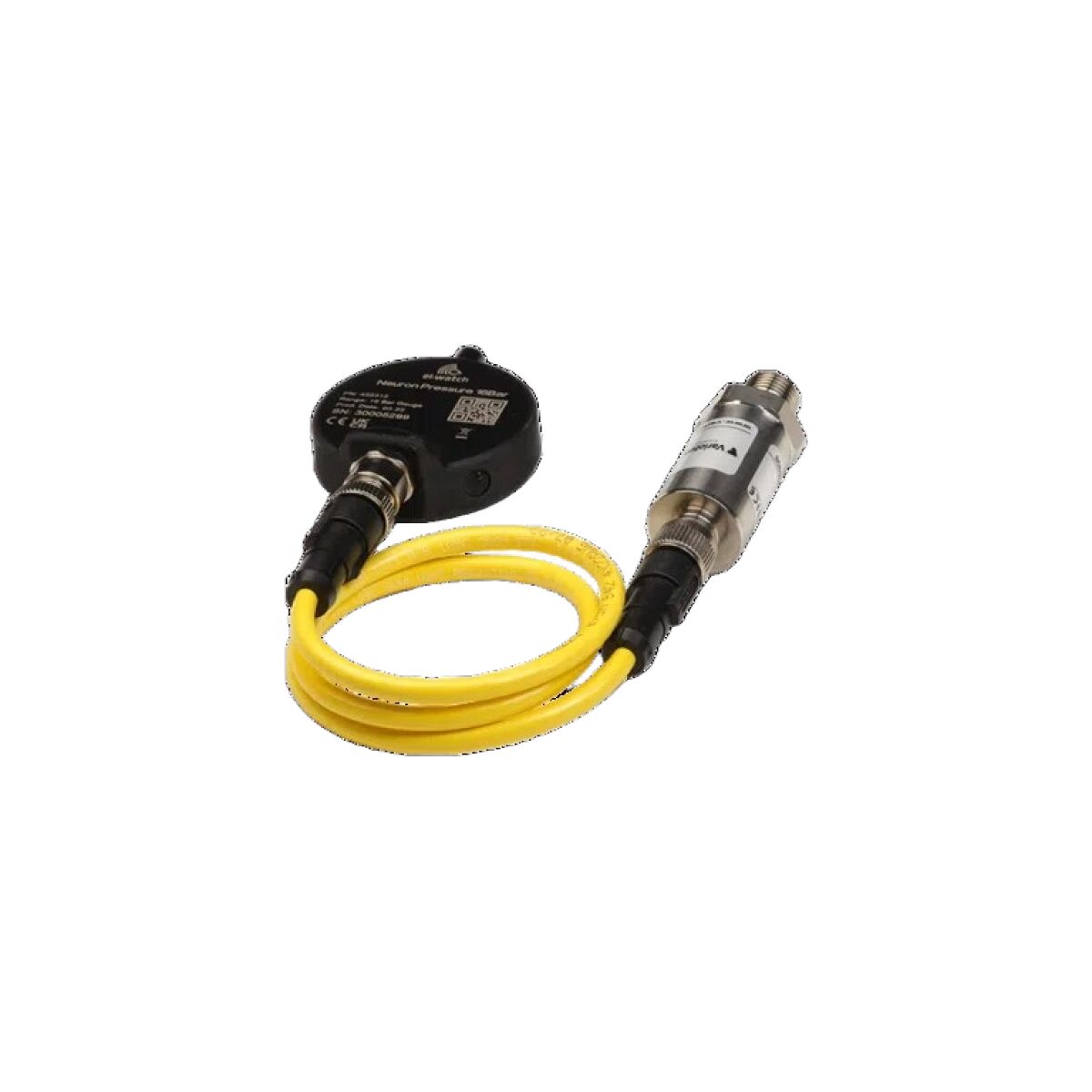 En gul kabel med svarta kontakter i ena änden och en Neuron Guage trycksensor på den andra, isolerad på en vit bakgrund.