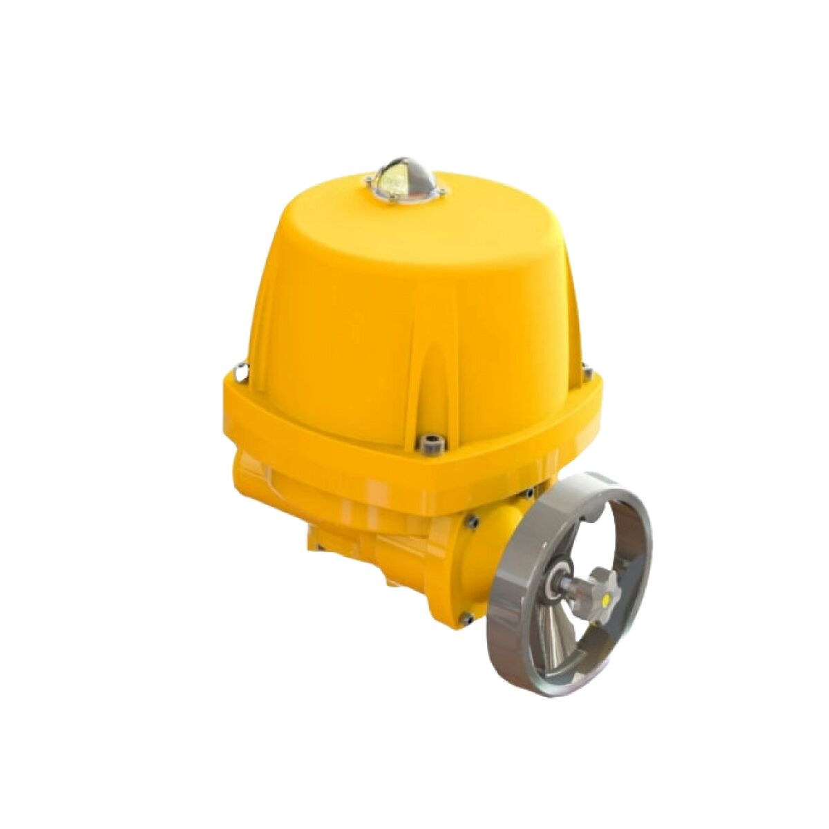 En gul industriell aktuator med en ventilstyring i metall, isolert på en hvit bakgrunn.